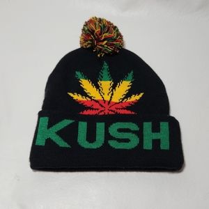 KUSH Cuffed Skull Cap Marijuana 420 Weed Cuff Pom Beanie Winter Hat Rasta Colors